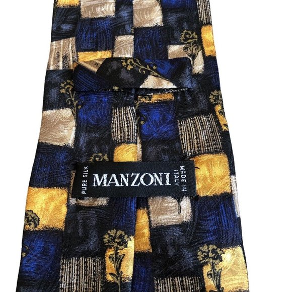 Manzoni Men Italy Silk Neck Tie Blue Black Brown Gold Geometric Design Office - Picture 3 of 4